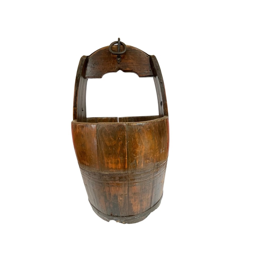 Antique Primitive Wooden Water Well Bucket Rustic Decor Iron Metal 22" Heavy